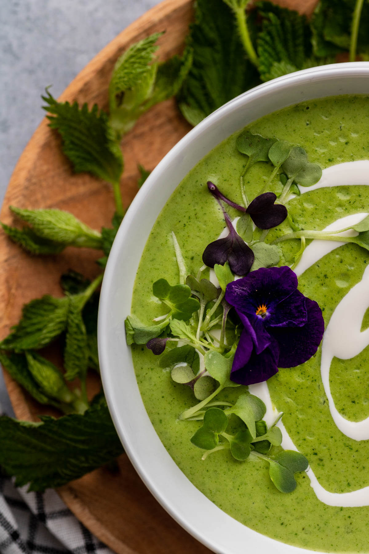 A bowl of bright green nettle soup with swirls of white cream and microgreen edible flower garnish.