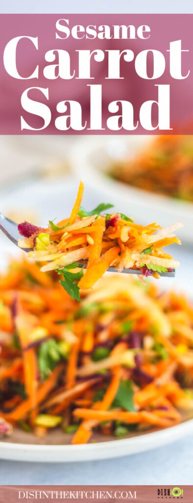 Pinterest image of a fork holding colourful carrot salad over a bowl of salad.