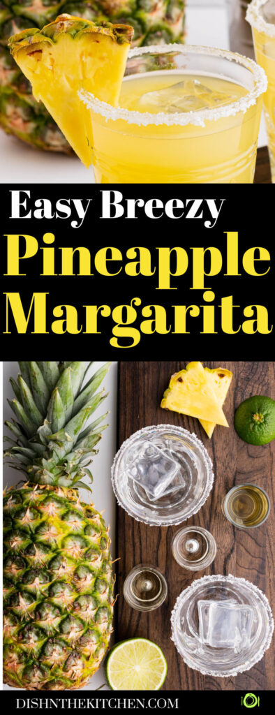 Pinterest image of the making of a pineapple margarita on the rocks. 