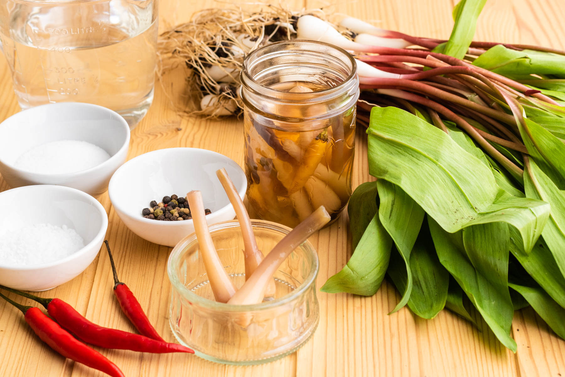 Ingredients used to sweet pickle wild ramps.