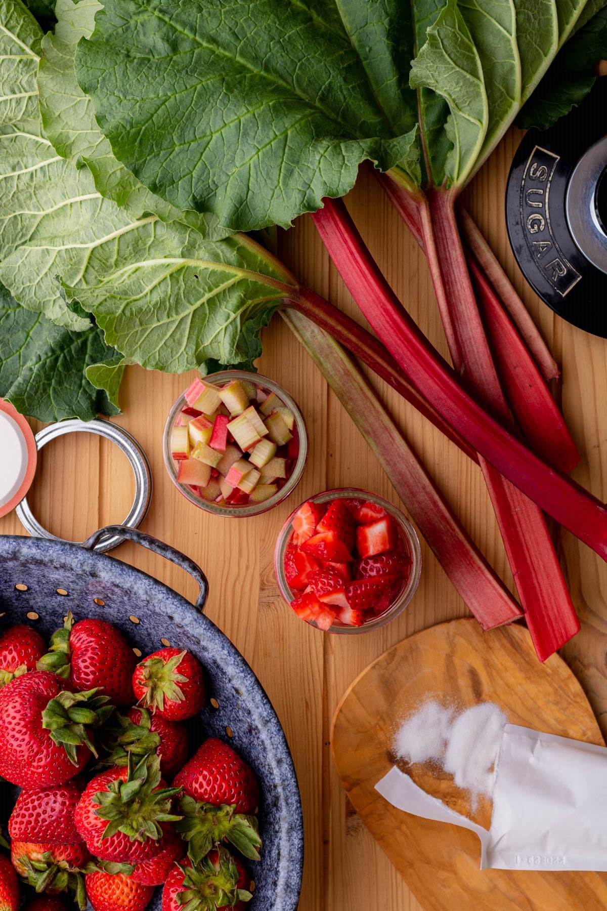 Ingredients used in making Strawberry Rhubarb Jam.