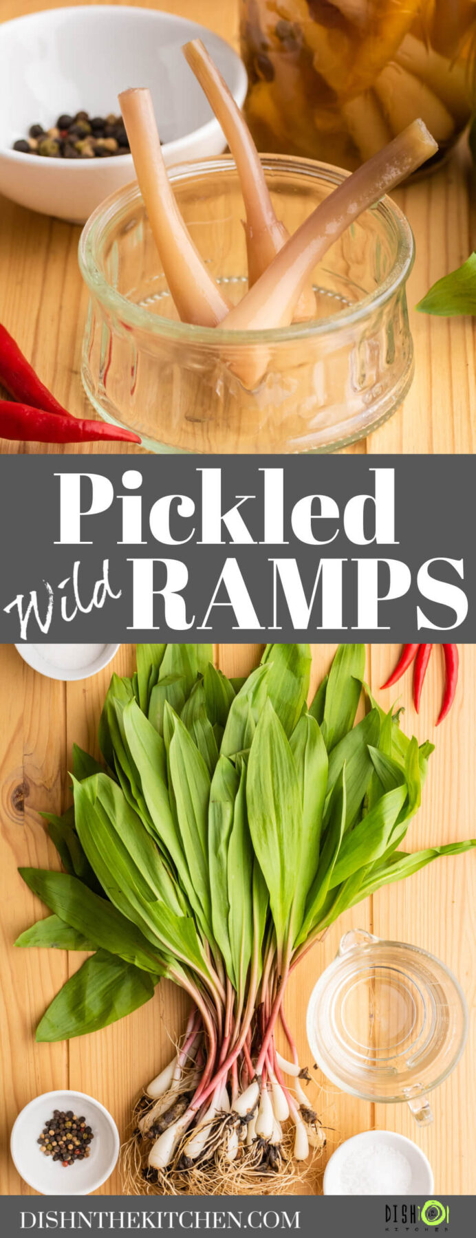 Pinterest image for Pickled ramps showing ingredients and finished pickles.