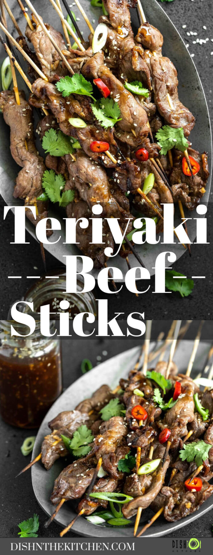 Pinterest image featuring a platter of grilled Teriyaki Beef Sticks garnished with chopped green herbs and red hot peppers.