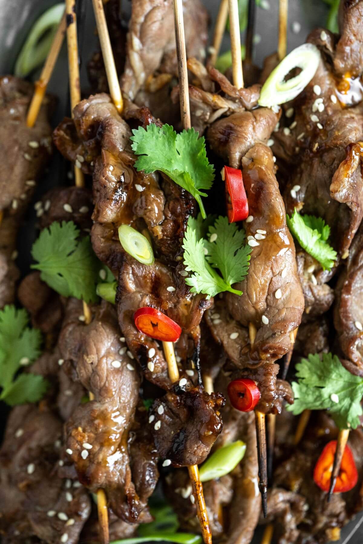 Grilled Teriyaki Beef Sticks garnished with chopped green herbs and red hot peppers.