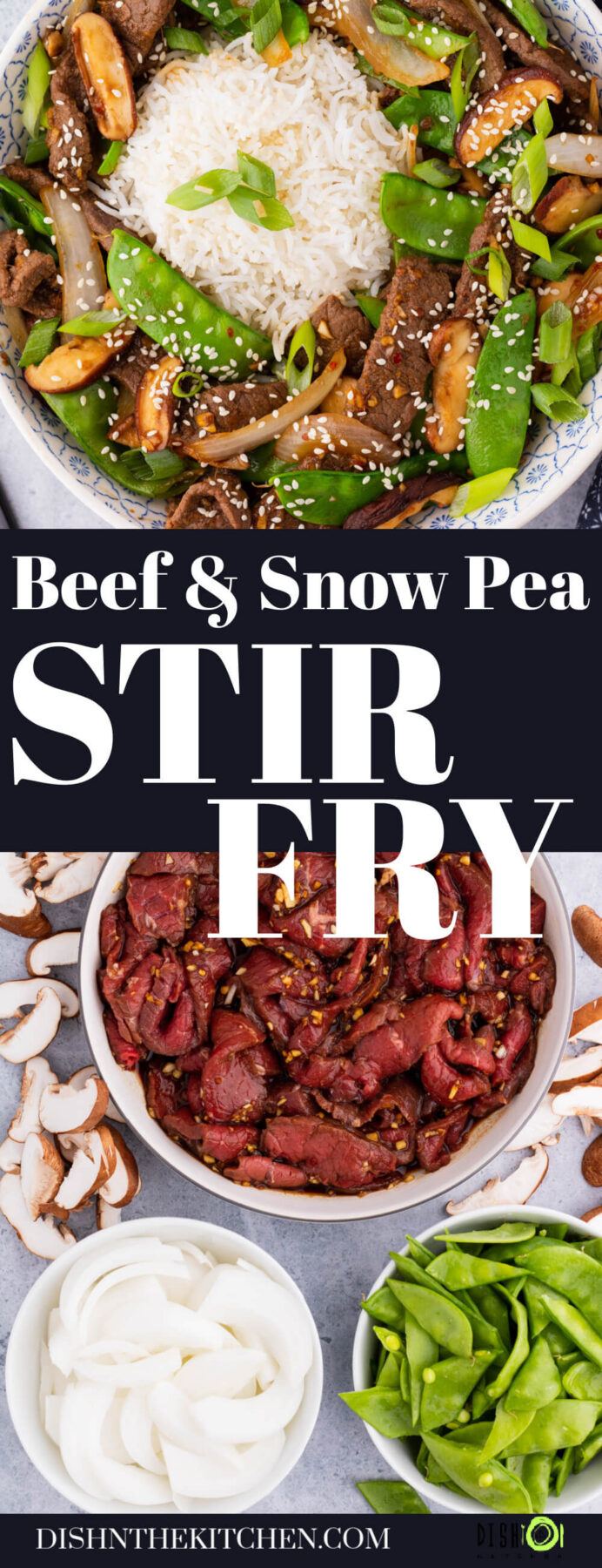 Pinterest image featuring marinating beef and a delicious beef stir fry with snow peas, onions, and shiitake mushrooms.