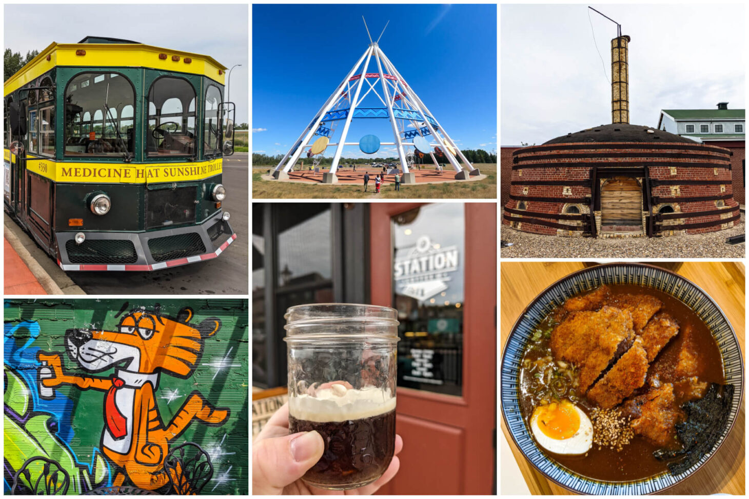 A collection of image showing drinks, eats, and things to do in Medicine Hat, Alberta.