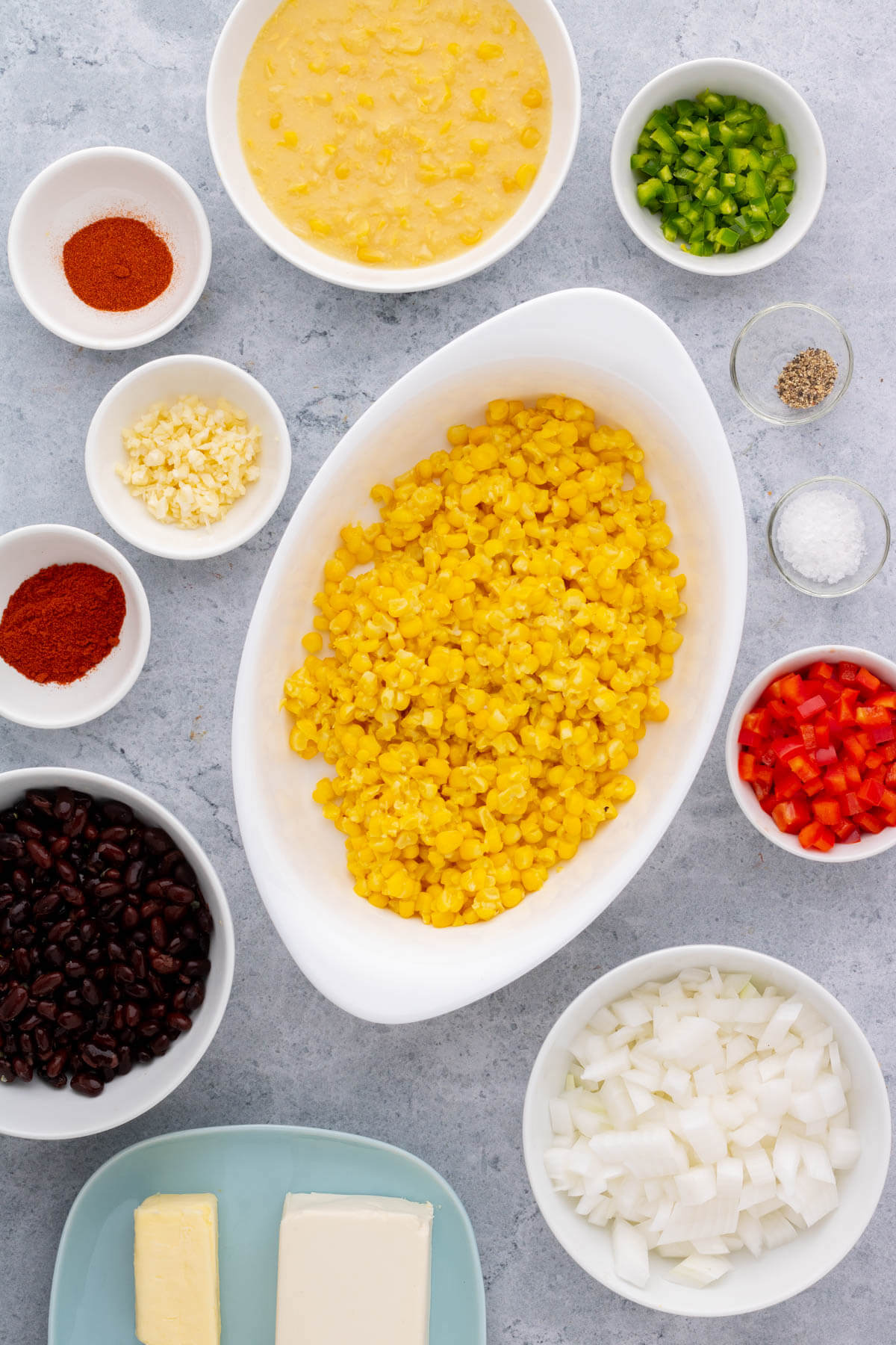 All the ingredients used in making creamy Tex Mex Corn Dip.