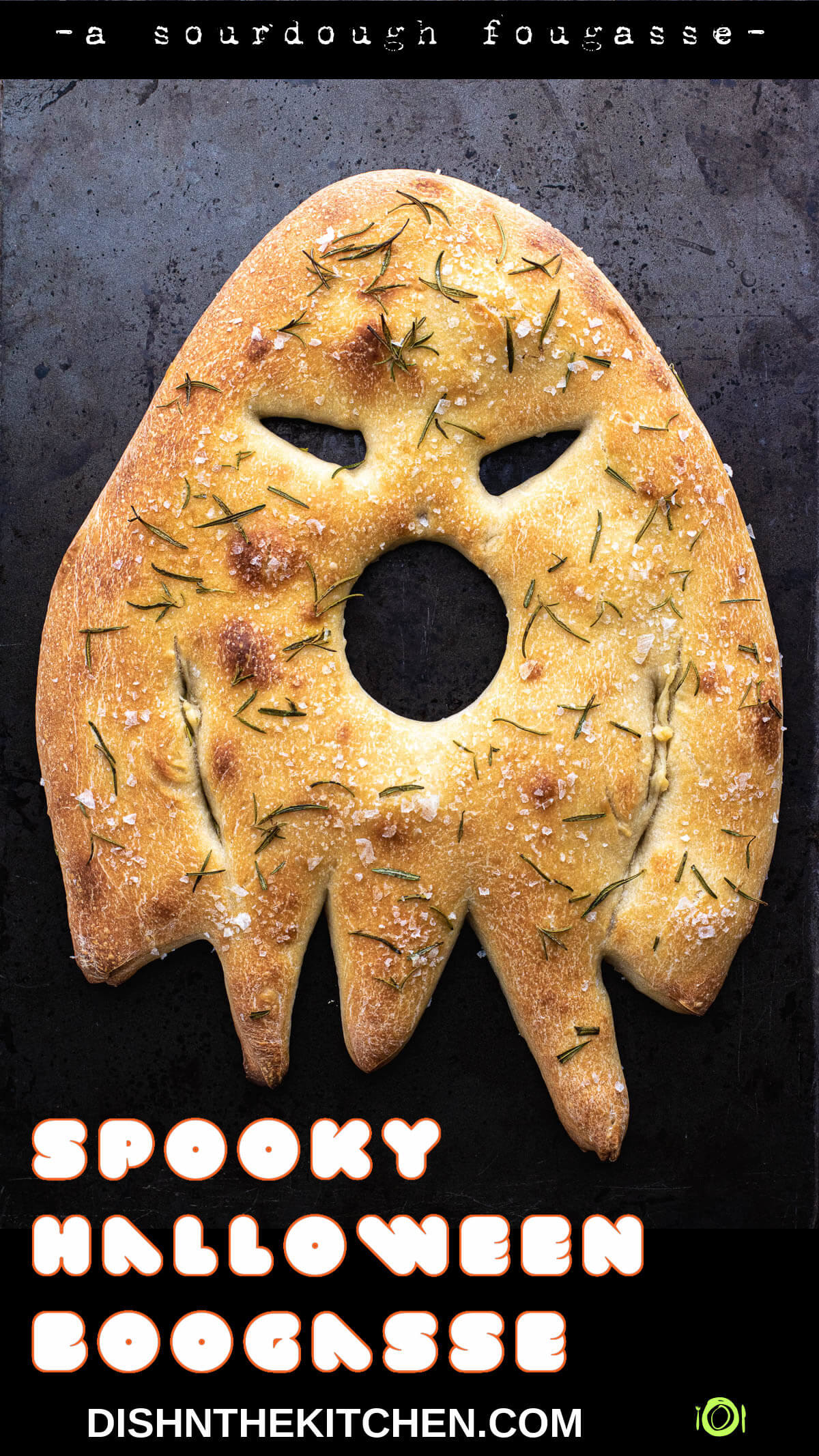 Pinterest image of a ghost shaped fougasse flat bread on a dark baking pan.