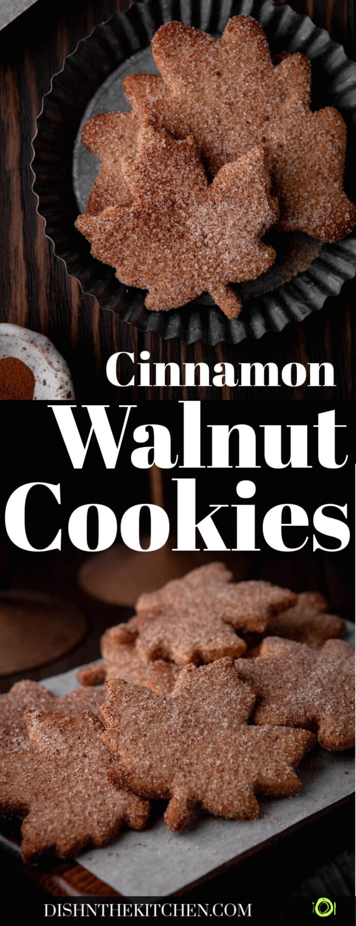 Pinterest image featuring golden baked Cinnamon Walnut Cookies shaped like fall leaves. 