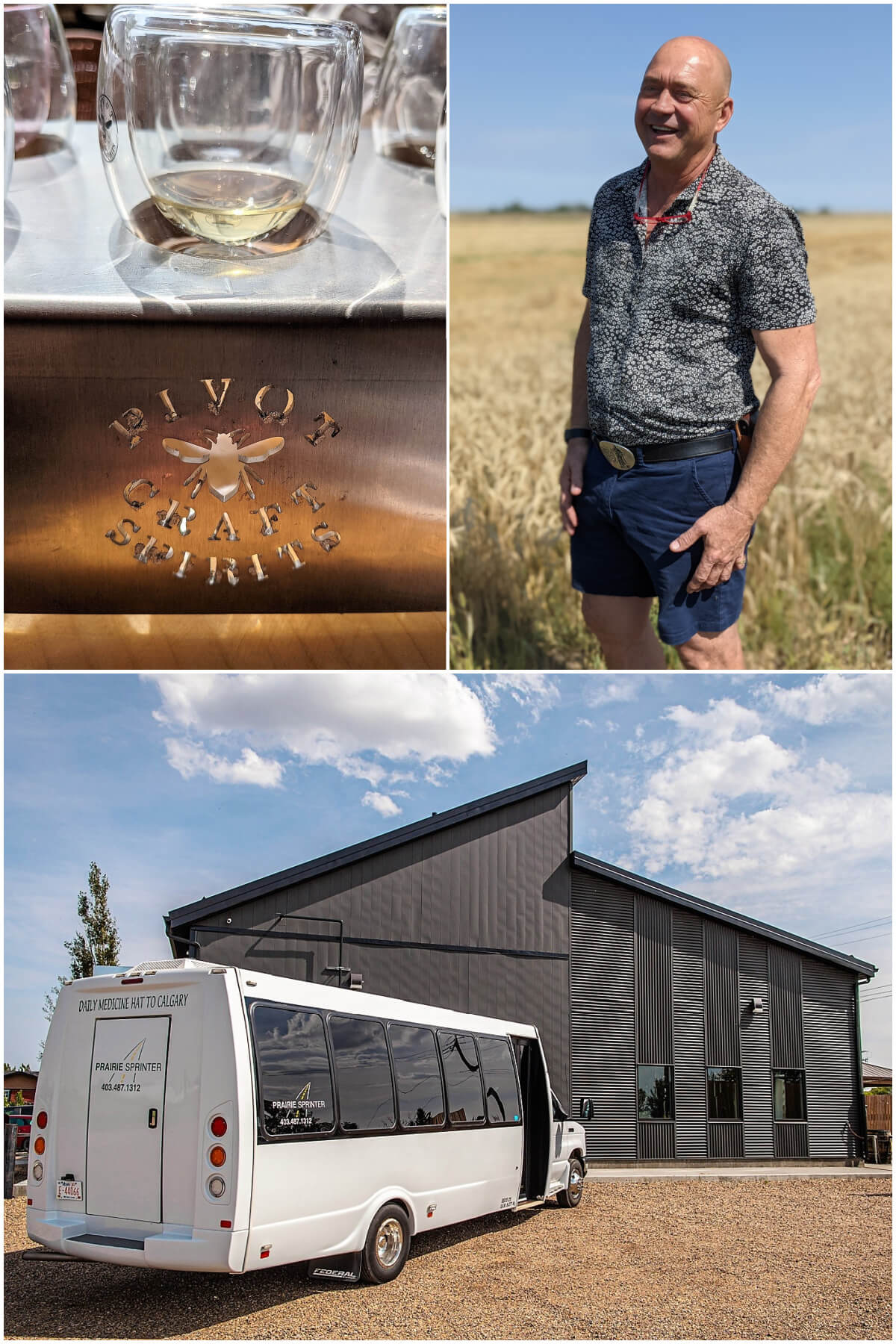 Scenes from the Prairie Sprinter tour; a flight of spirits at Pivot Spirits Craft Distillery in Rolling Hills, Alberta.