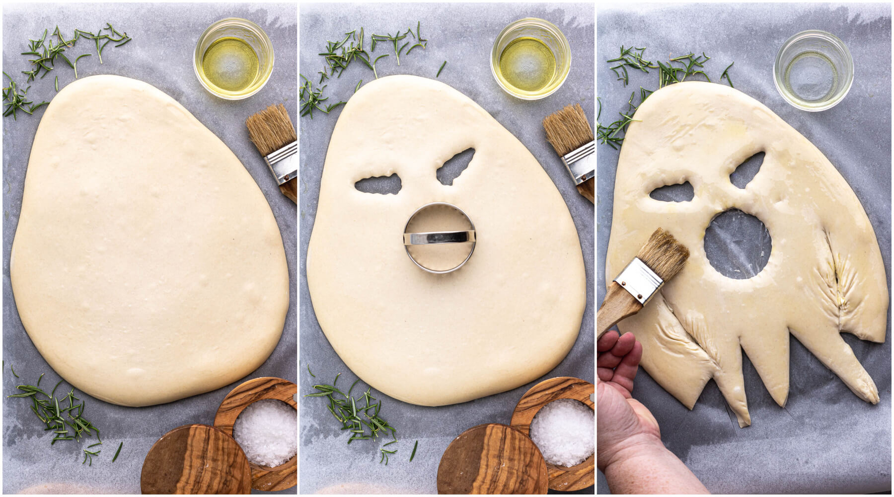A series of process shots showing how to cut out a ghost face on rolled out fougasse dough.
