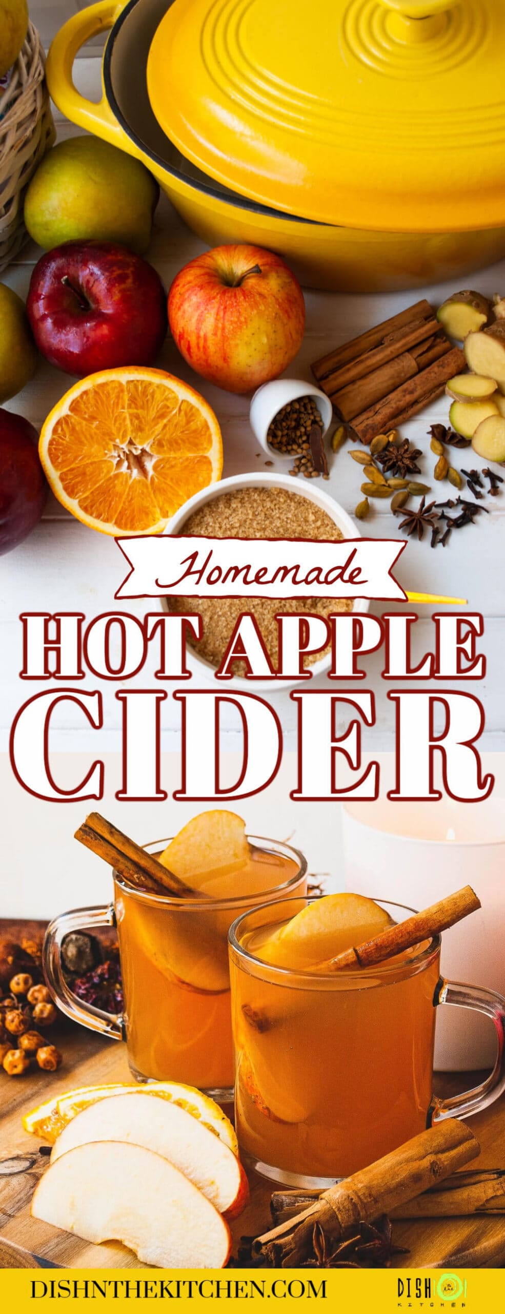 Two mugs of hot apple cider surrounded by all of the ingredients to make it.