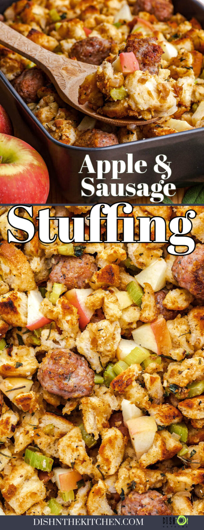 Pinterest image featuring golden baked Apple Sausage Stuffing with celery, onions, and fresh herbs.