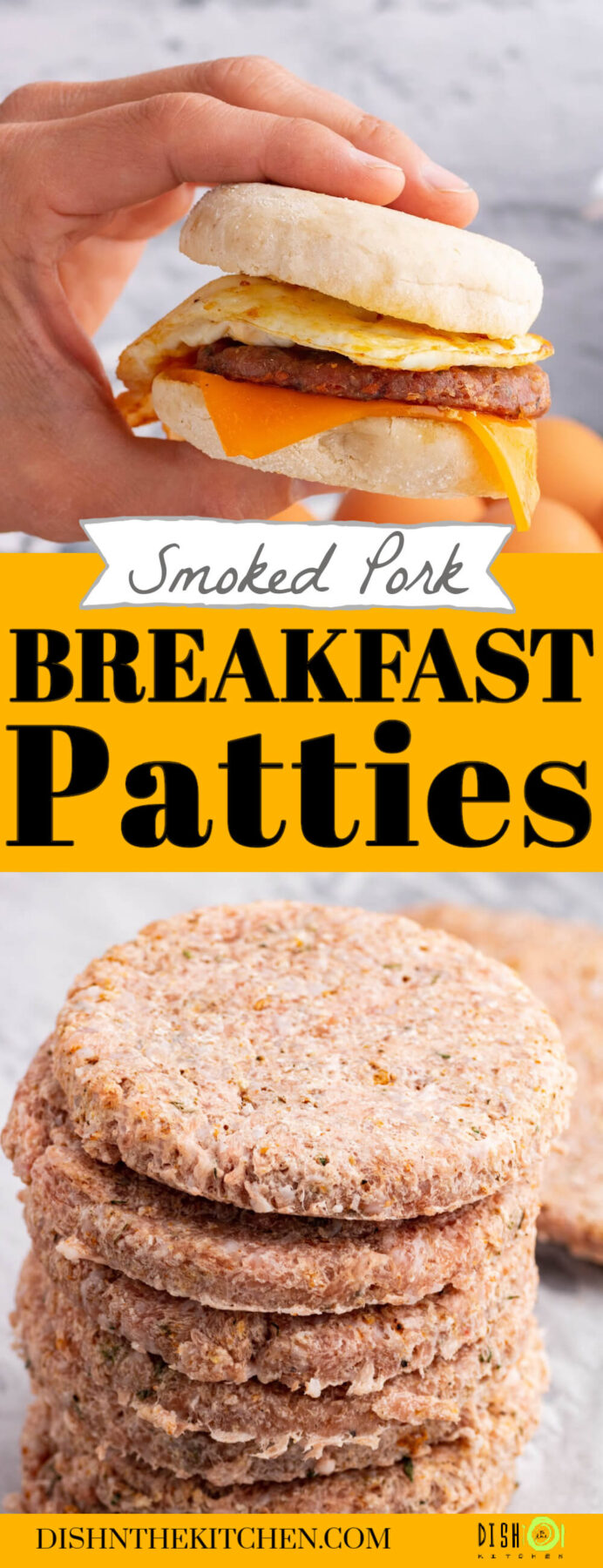 PInterest image of a hand holding a breakfast sandwich and a stack of smoked breakfast sausage patties.