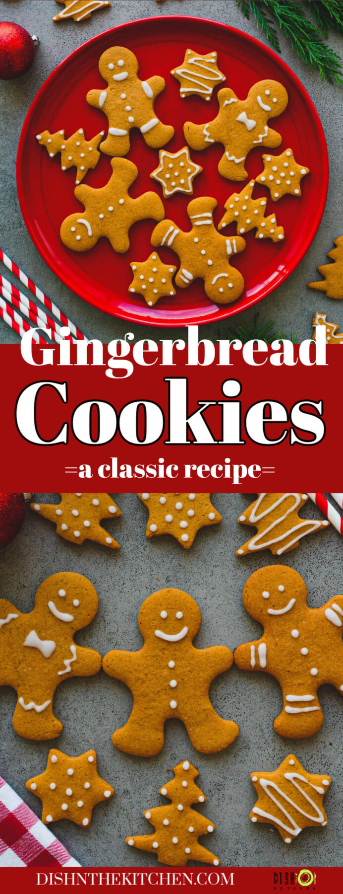 Pinterest image featuring easy gingerbread cookies decorated with simple white icing.
