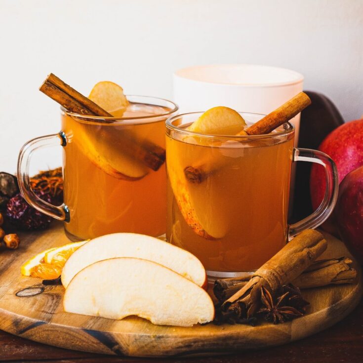 Two glass mugs of hot apple cider garnished with cinnamon sticks and apple slices.