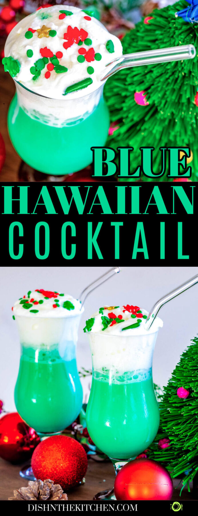 Pinterest image featuring hurricane glasses filled with blue hawaiian cocktail topped with whipped cream and christmas sprinkles.