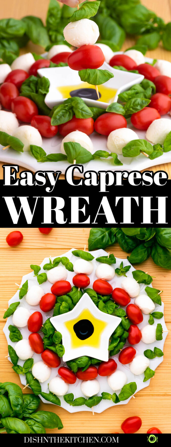 Pinterest image featuring a caprese appetizer wreath with caprese salad ingredients on wooden skewers.