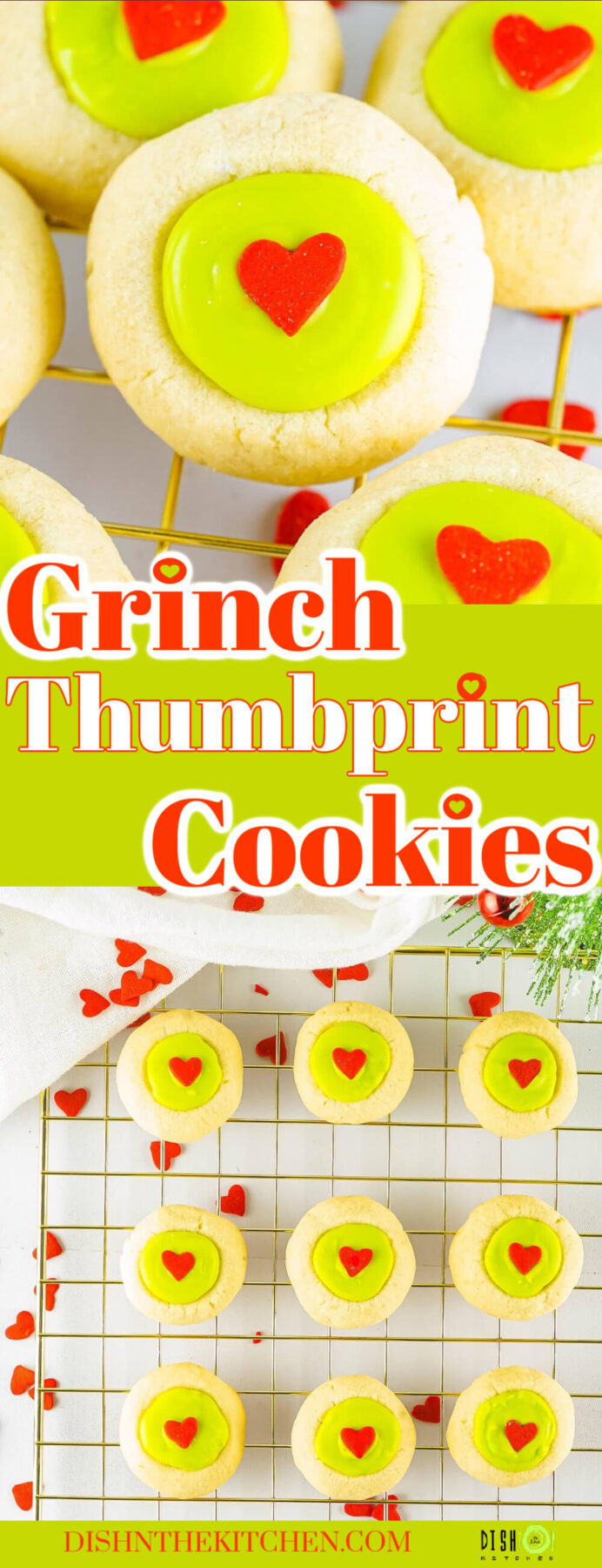 Pinterest image featuring golden baked thumbprint grinch cookies filled with melted green candy melts and decorated with a single red heart.