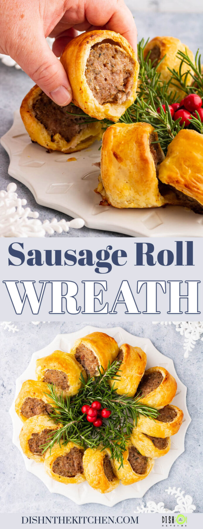 Pinterest image of a baked sausage roll wreath decorated with rosemary and cranberries.