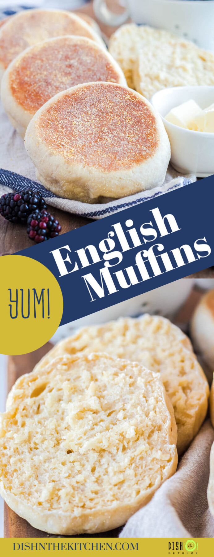 Pinterest image featuring perfectly golden English muffins. 