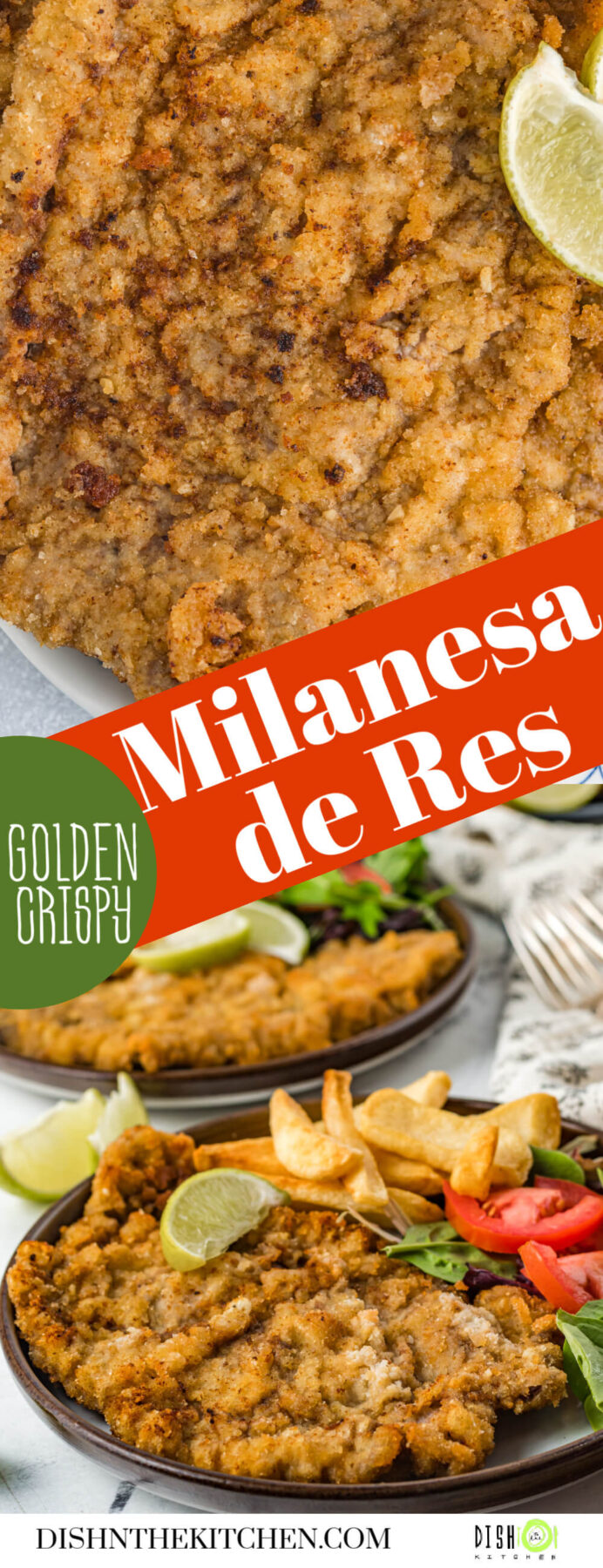 Pinterest image featuring golden fried Milanesa de Res and how to serve it.