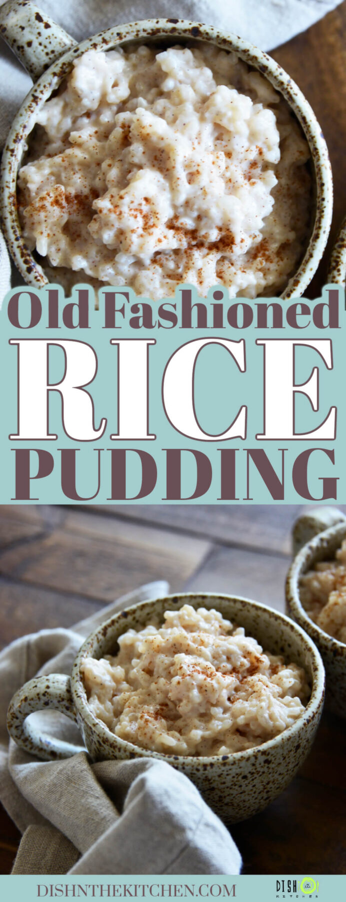 Pinterest image for Old Fashioned Rice Pudding Recipe featuring creamy cooked rice in a speckled pottery mug.