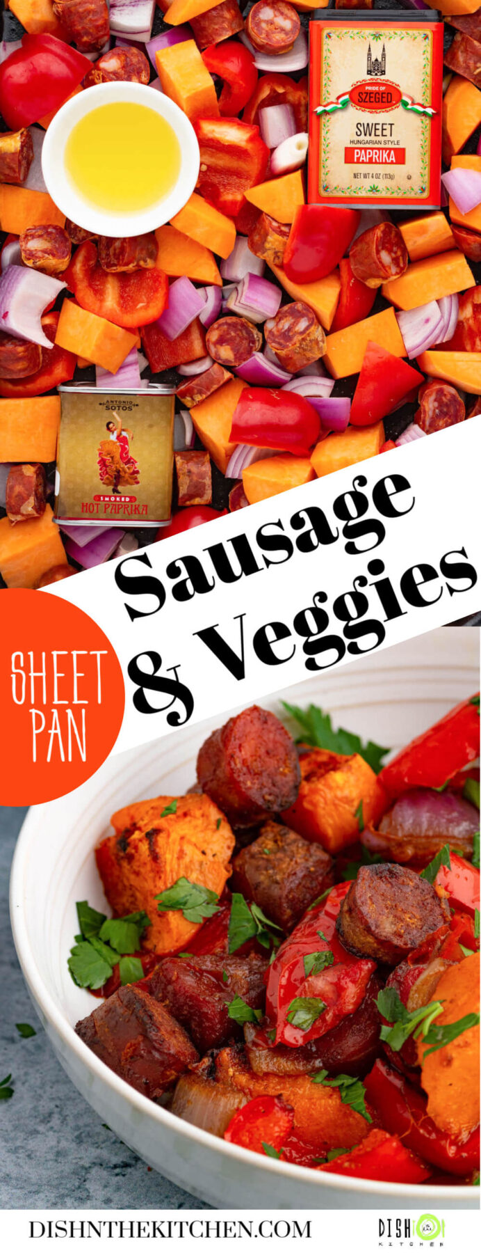 Pinterest image featuring sheet pan sausage and veggies raw and baked.