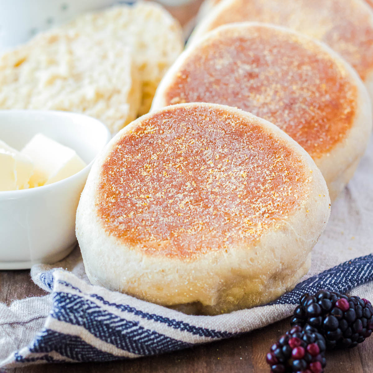 Close up of golden English Muffins.