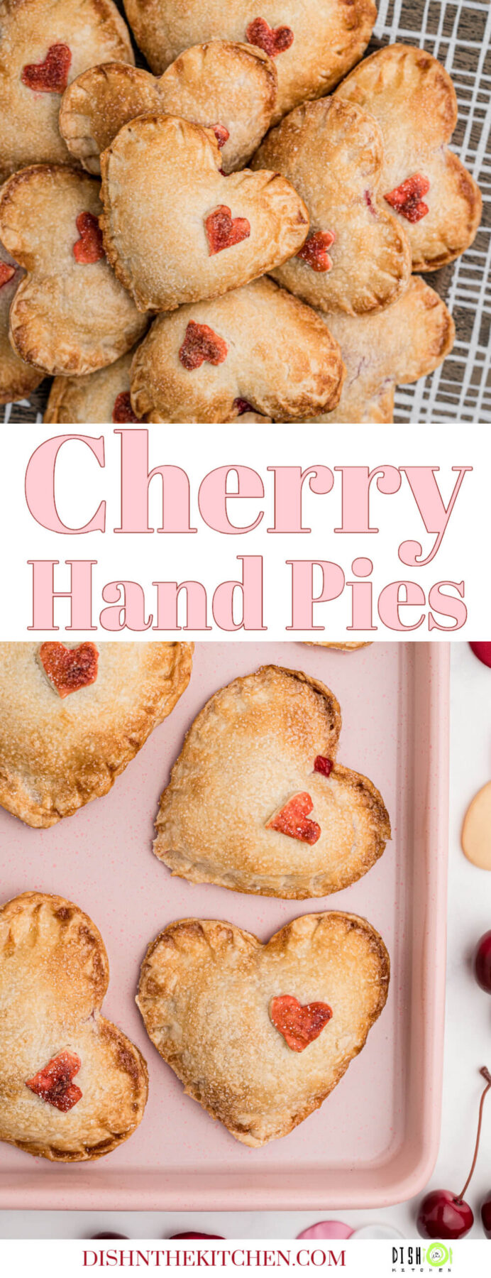 Pinterest image featuring golden baked heart shaped Cherry Hand Pies with little red hearts.