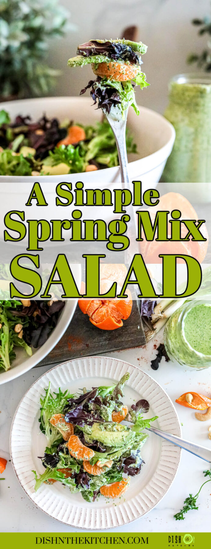 Pinterest image featuring a colourful Spring Mix Salad with Green Goddess Dressing on a white plate.