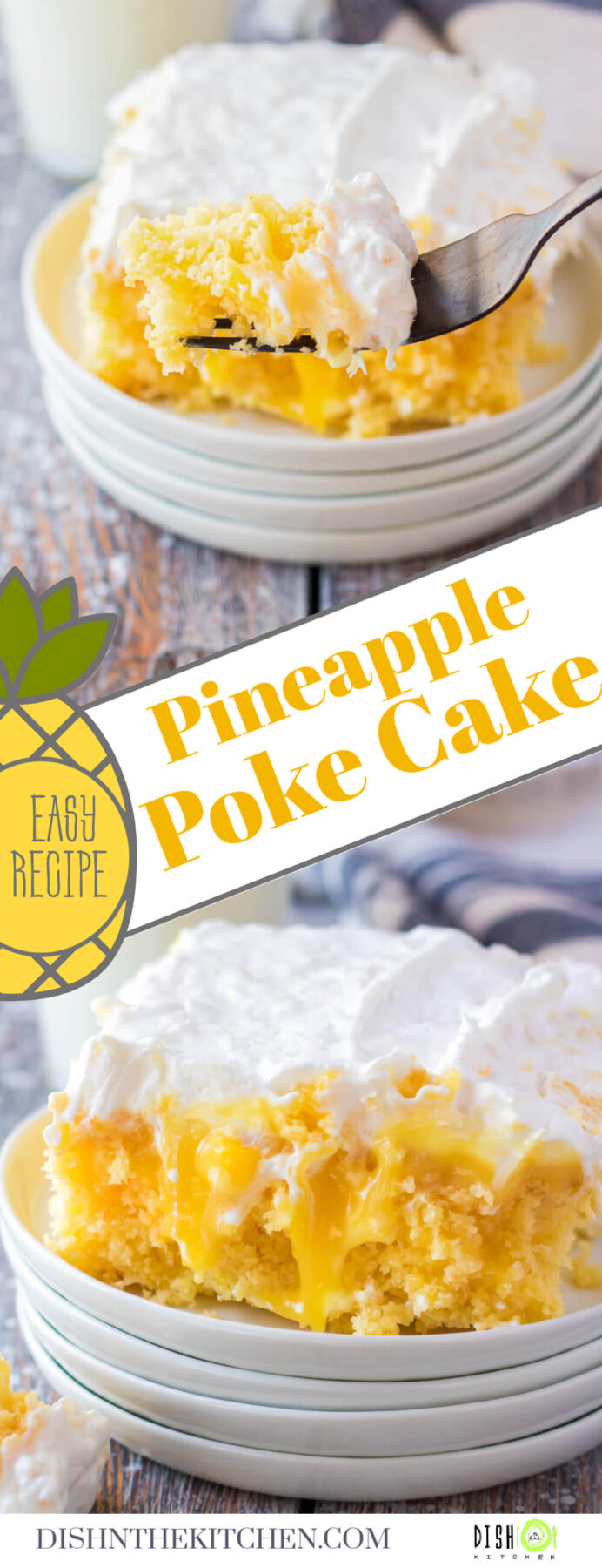 Pinterest image featuring squares of dreamy Pineapple Poke Cake with creamy whipped topping on a stack of white plates.