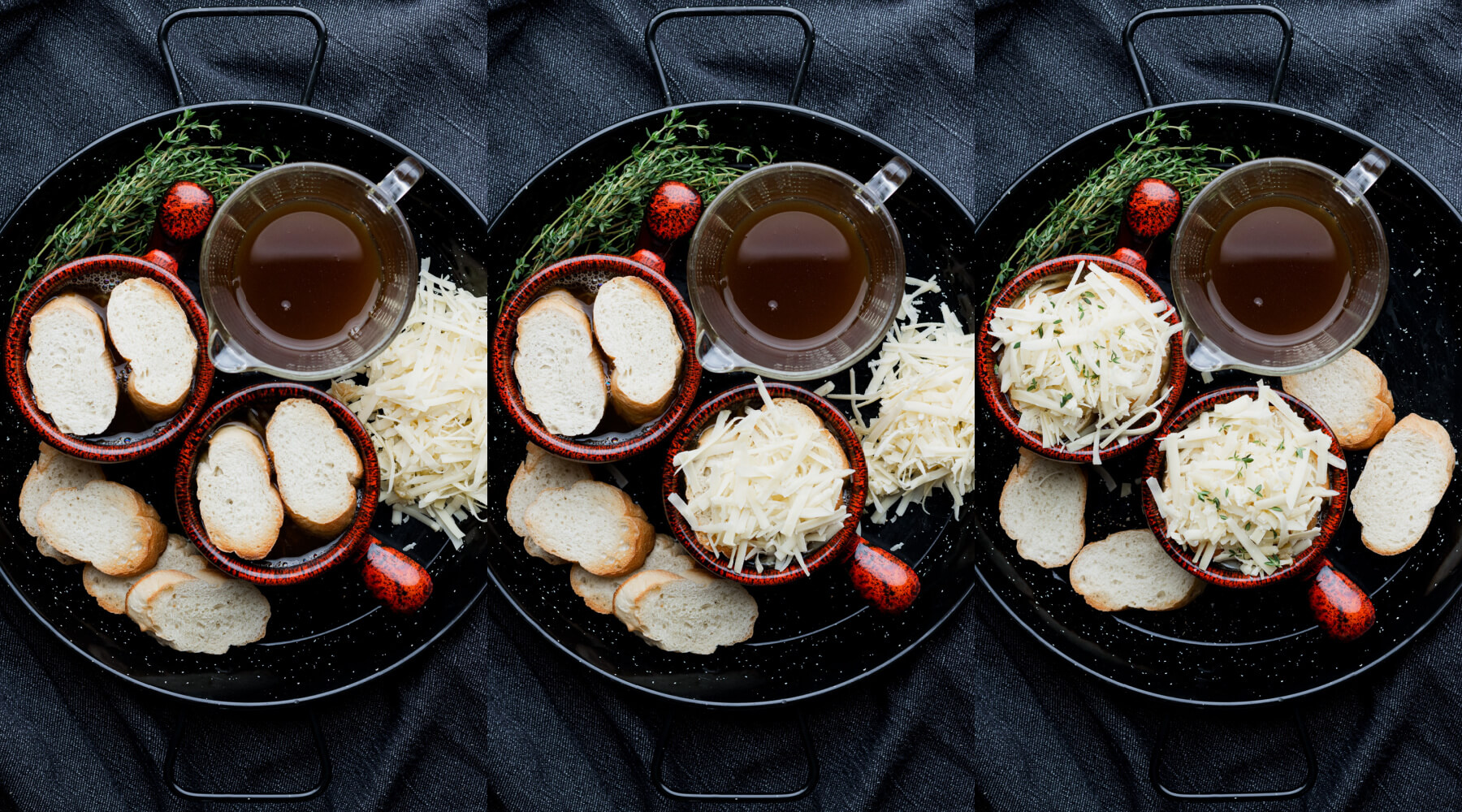 A group of process photos showing how to top French Onion Soup.