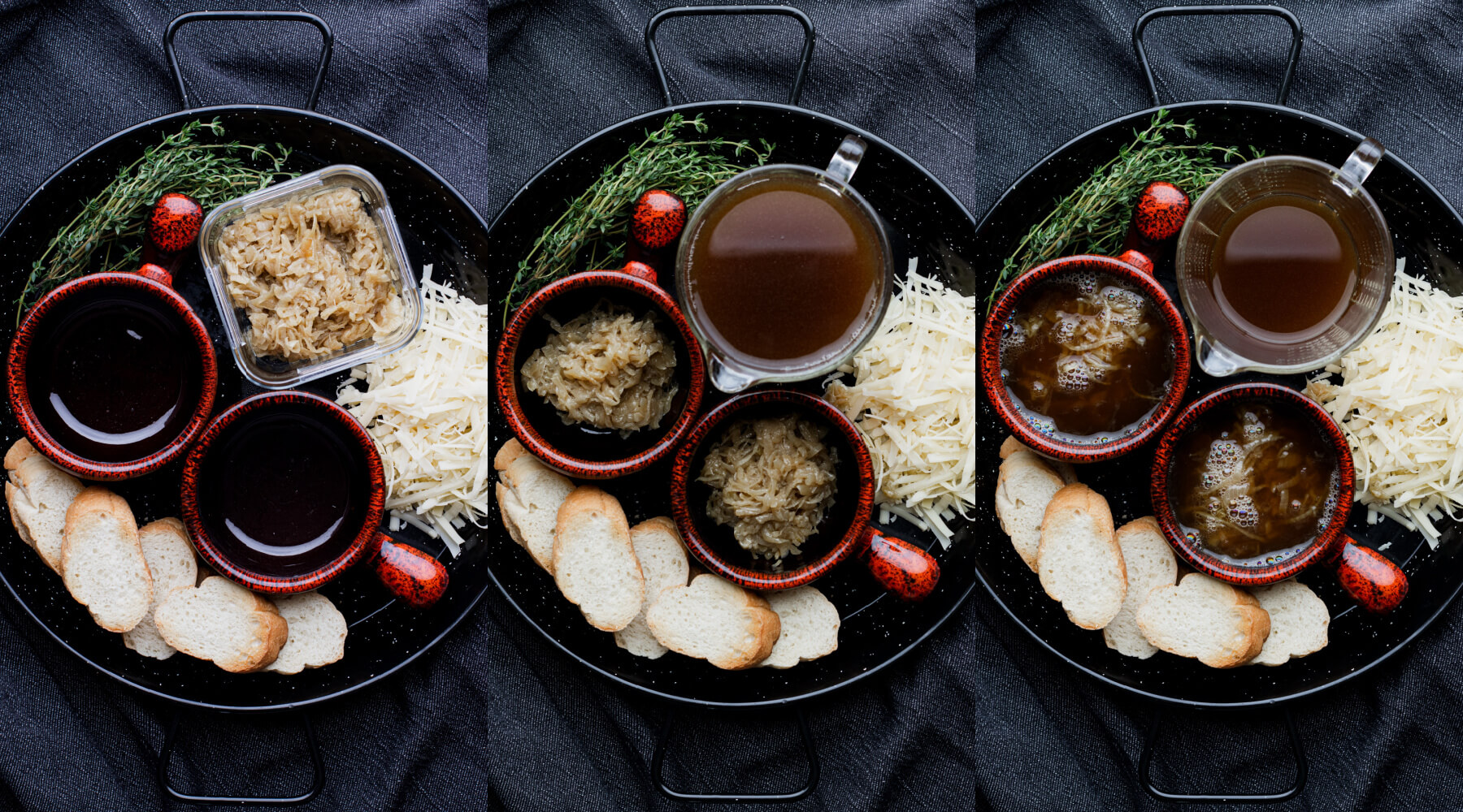 A group of process photos showing how to make French Onion Soup.