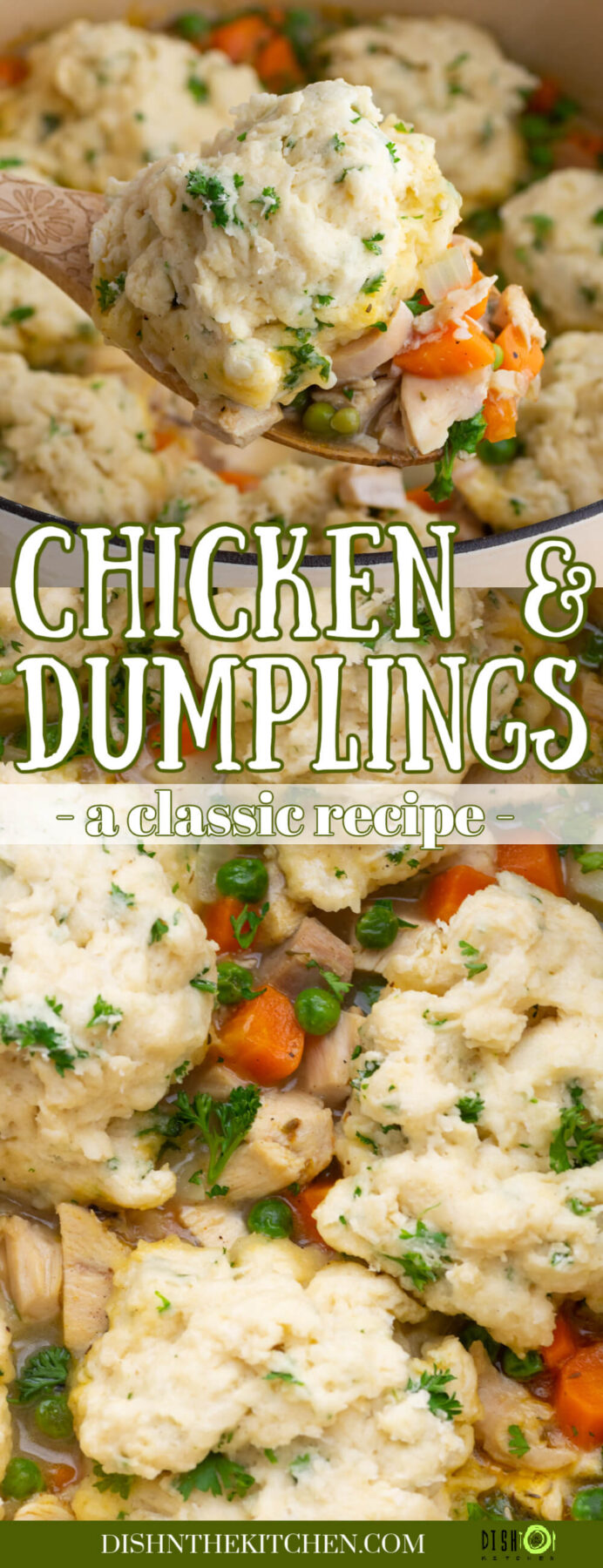 Pinterest image featuring close ups of classic chicken and dumplings in a pot and on a wooden spoon.