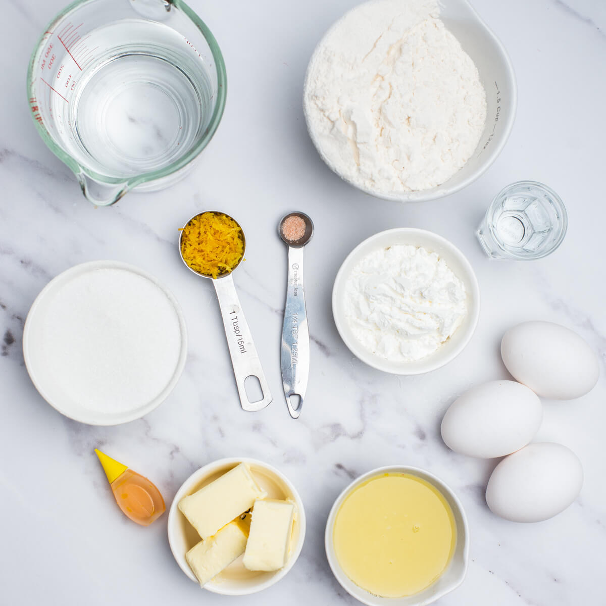 Ingredients required to make a lemon meringue pie.
