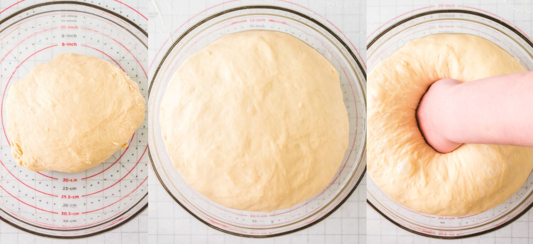 A trio of process photos showing how the dough doubles in size and how light it is when punched down.