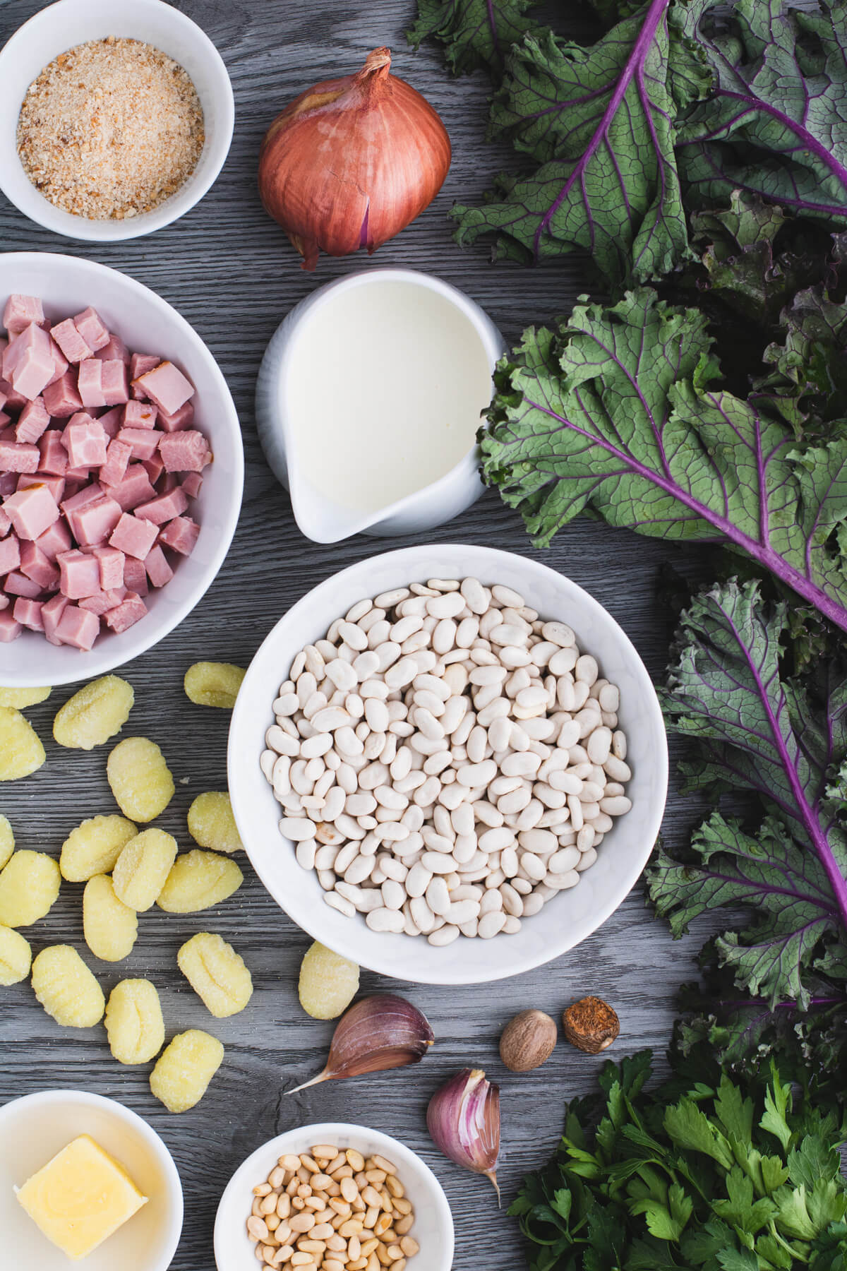 Ingredients used in Creamed Kale Gnocchi with ham and white beans.
