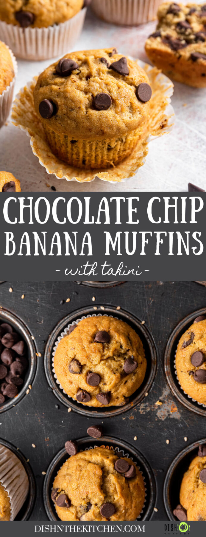 Pinterest image featuring several golden baked Tahini Chocolate Chip Banana Muffins.