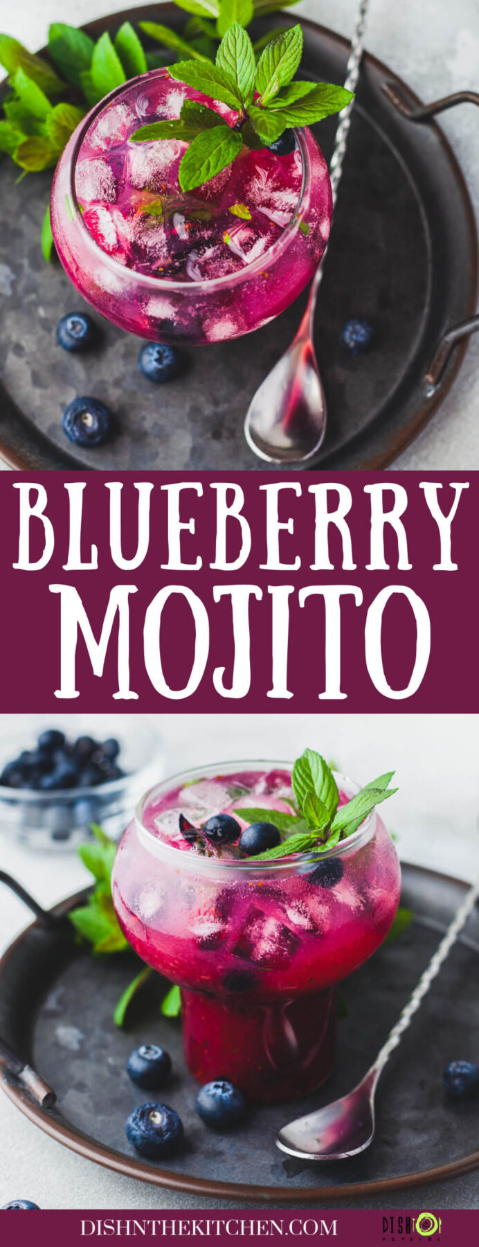 Pinterest image of a vibrant purple Blueberry Mojito Cocktail garnished with fresh mint sits on a dark metal tray.