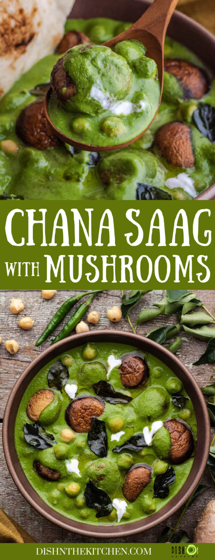 Pinterest image of a vibrant green chana saag with mushrooms, chickpeas, fried curry leaves, and drizzles of coconut cream in a brown bowl.