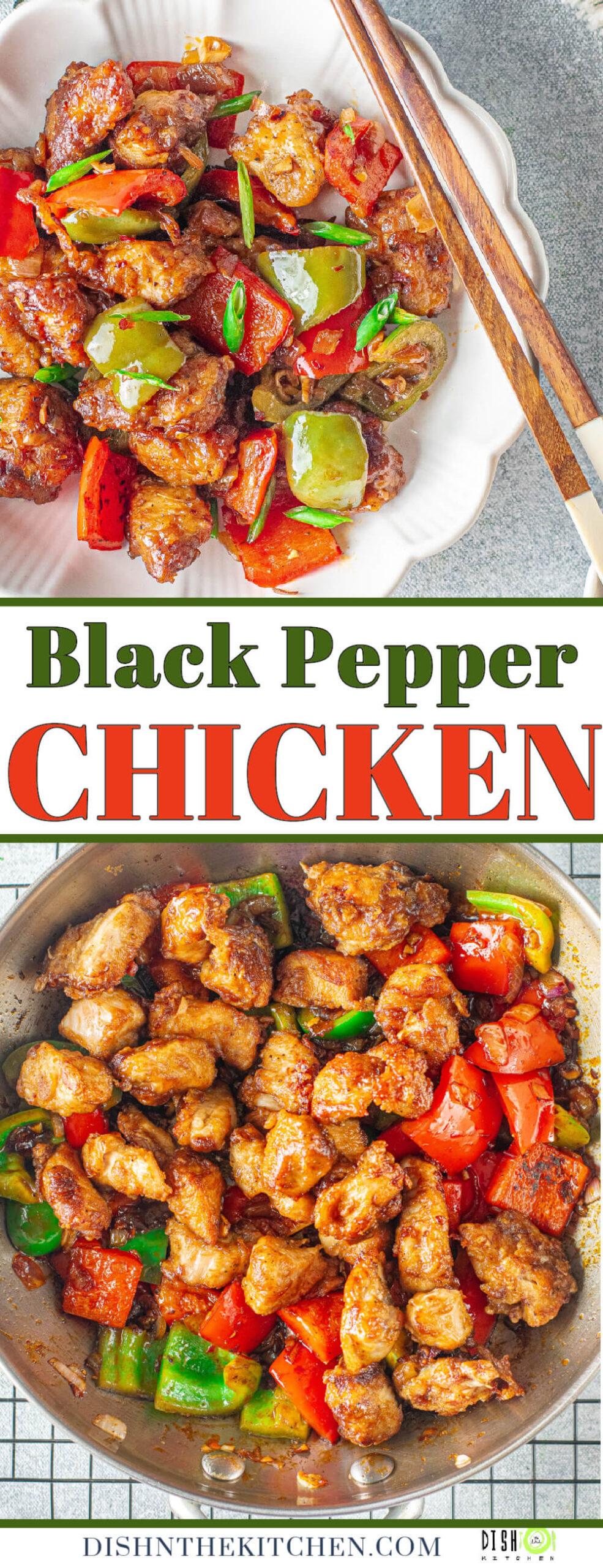 Pinterest image of a colourful Black Pepper Chicken stir fry with vegetables.