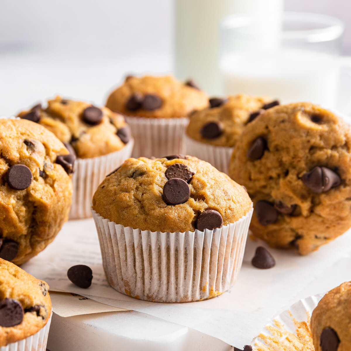 Golden baked Tahini Chocolate Chip Banana Muffins in white muffin papers.