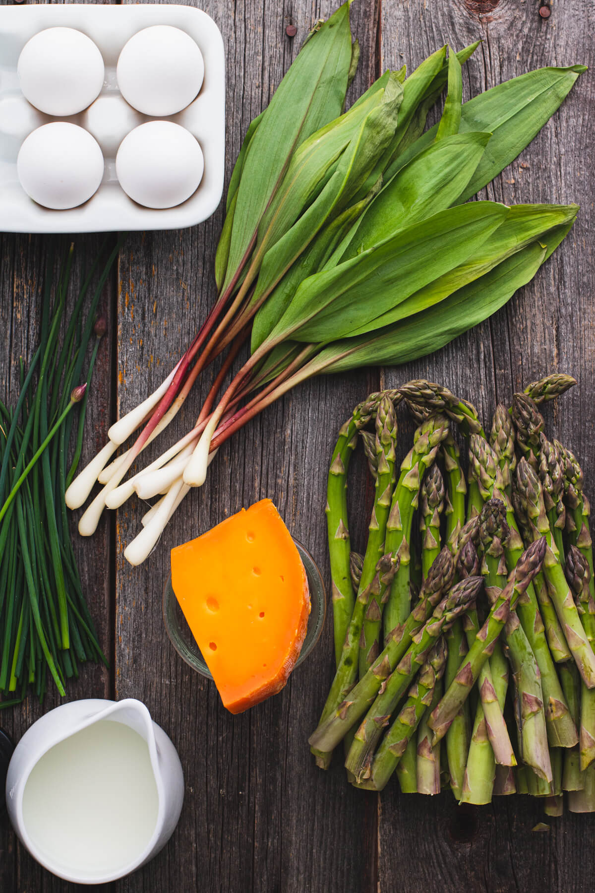 Ingredients required to make an Asparagus Quiche.