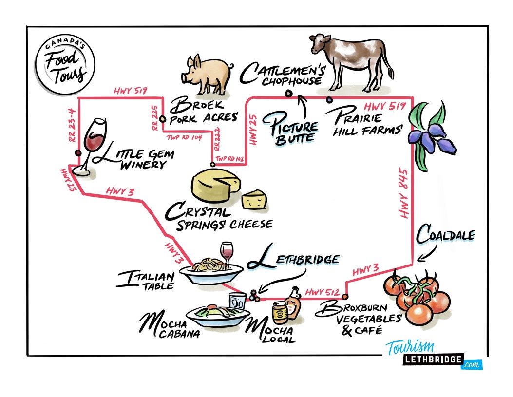 A cartoon style tourist map showing stops along the Lethbridge self drive food tour.