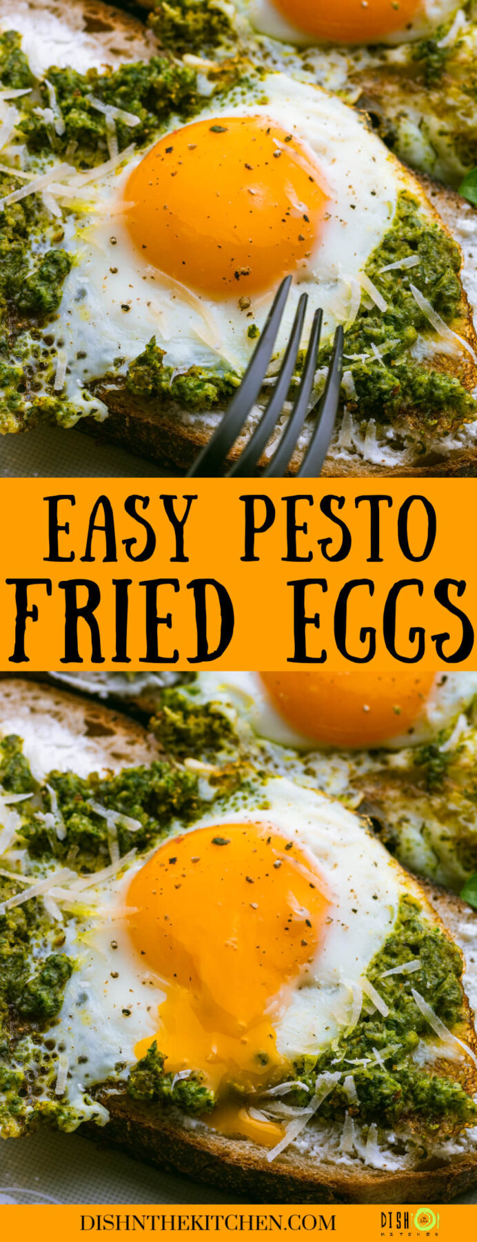 Pinterest image showing fried Pesto Eggs sunny side up nestled in green pesto.