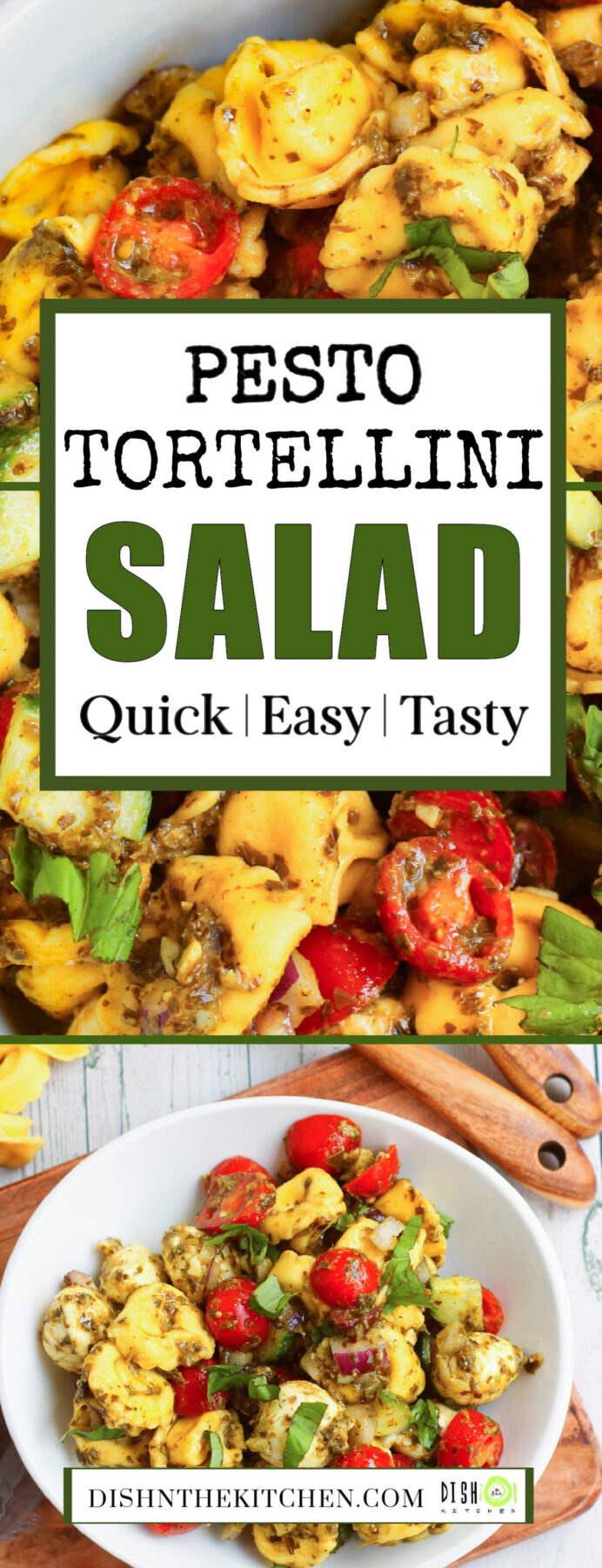 Pinterest image featuring brightly coloured pesto tortellini salad.