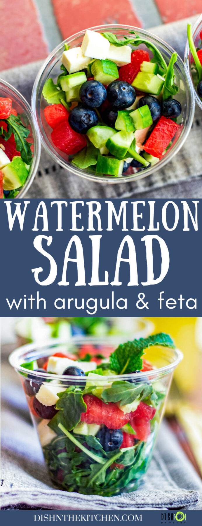 Pinterest image of individually served Watermelon Feta Mint Salad served in cups.