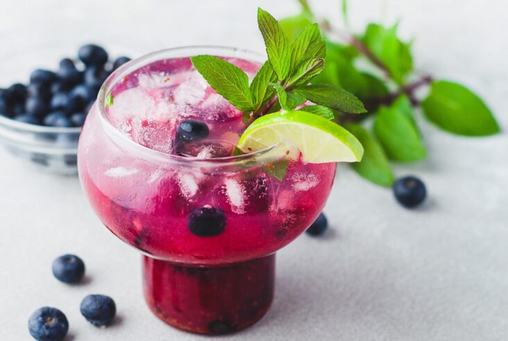 A vibrant purple Blueberry Mojito Cocktail garnished with fresh mint.