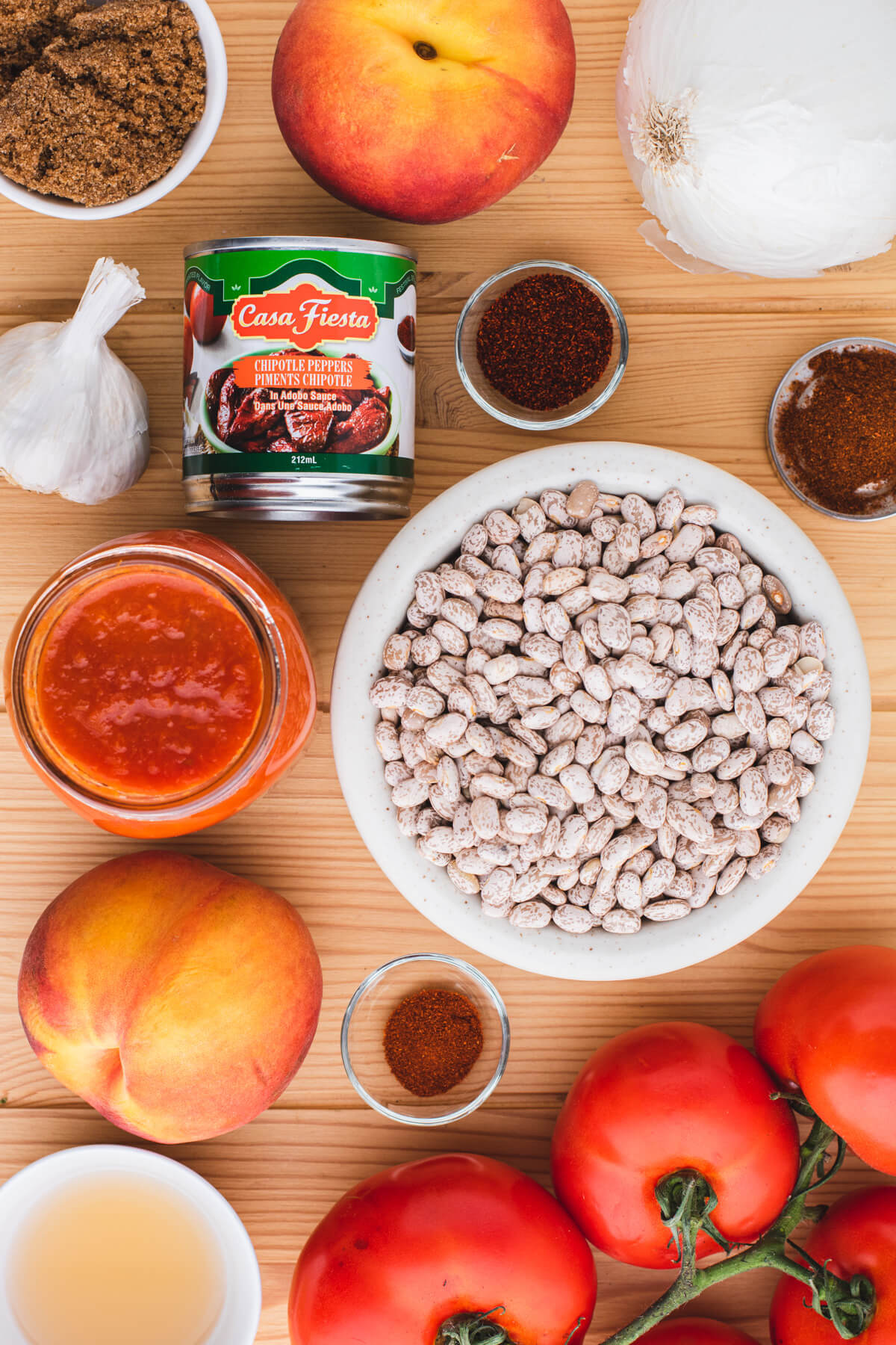 Ingredients used to make Chipotle Pinto Beans with Peaches. 